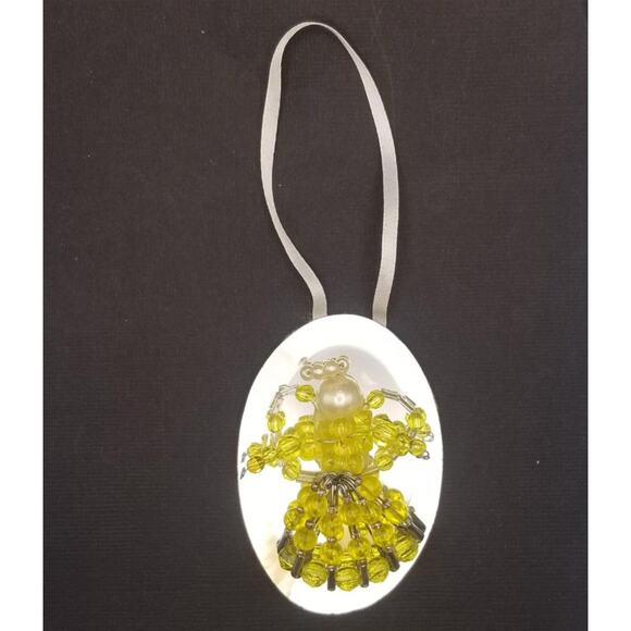 Vintage Yellow Beaded Angel Ornament Mirror 3"Pearl Handmade Safety Pins - Picture 2 of 5